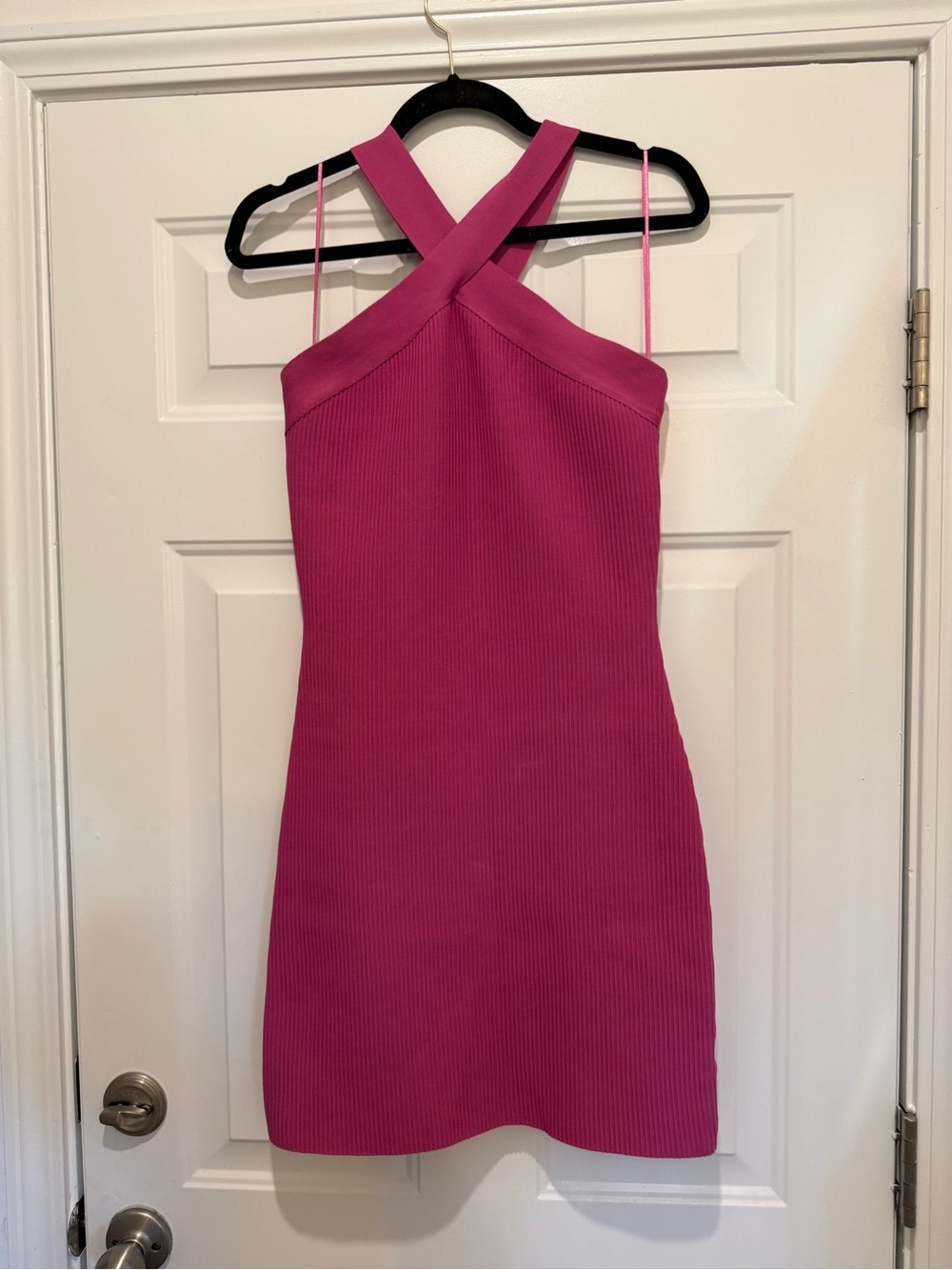 Sincerely Jules Hot Pink Ribbed Cross-Back Mini Dress